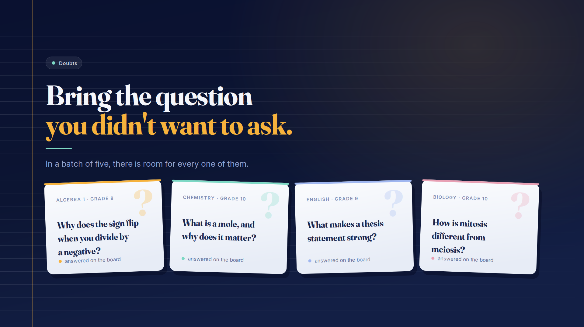 Bring the question you didn't want to ask. In a batch of five there is room for every question, answered on the board &mdash; from algebra sign flips to what makes a thesis statement strong.